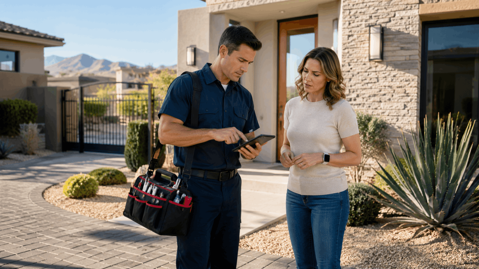 Plumber with tool bag showing tablet to homeowner outside desert Southwest residence
