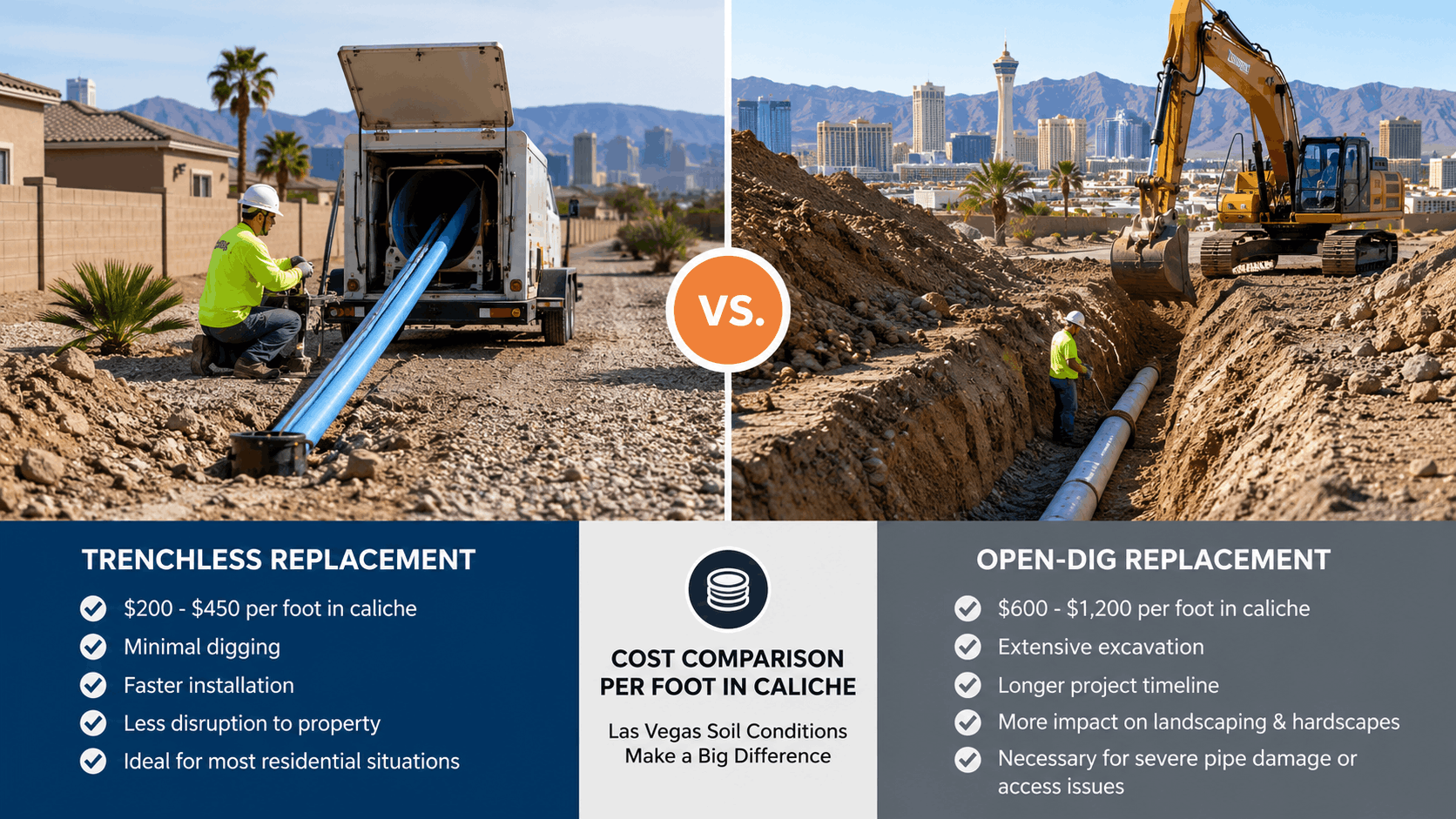 Trenchless vs open-dig sewer line replacement cost comparison in Las Vegas caliche soil