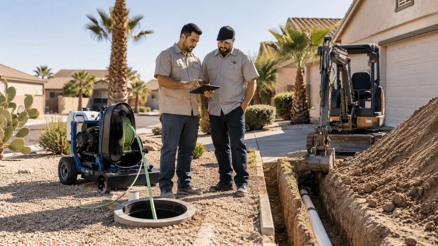 Two plumbers reviewing tablet near open sewer access point and excavated trench in Las Vegas