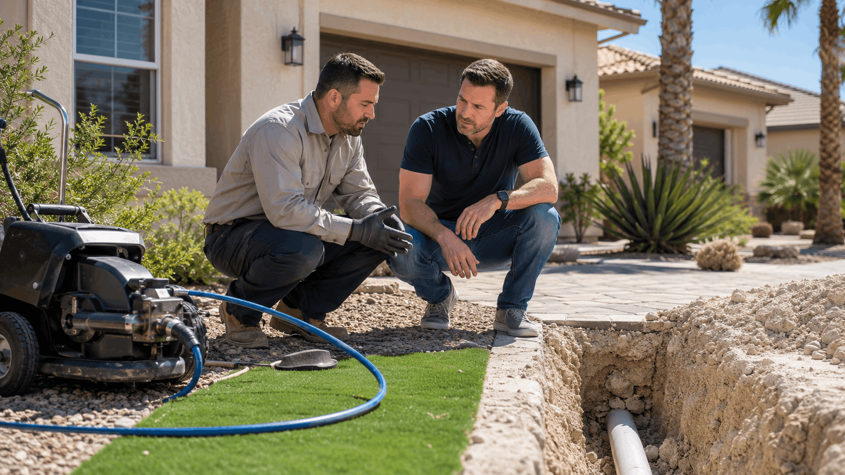 Plumber and homeowner inspecting exposed pipe in caliche soil trench Las Vegas
