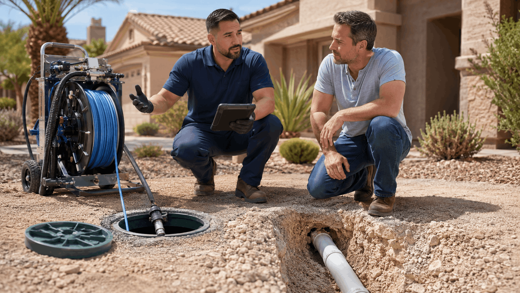 Plumber showing tablet to homeowner during sewer line inspection in Las Vegas