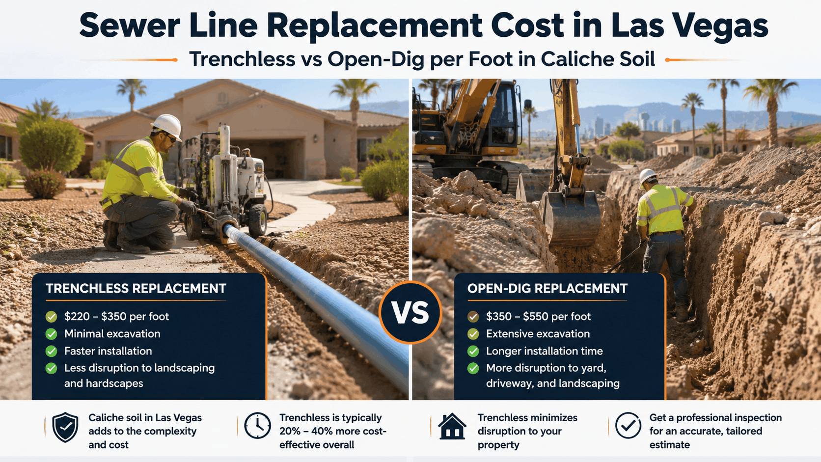 Trenchless vs open-dig sewer line replacement cost comparison infographic for Las Vegas caliche soil