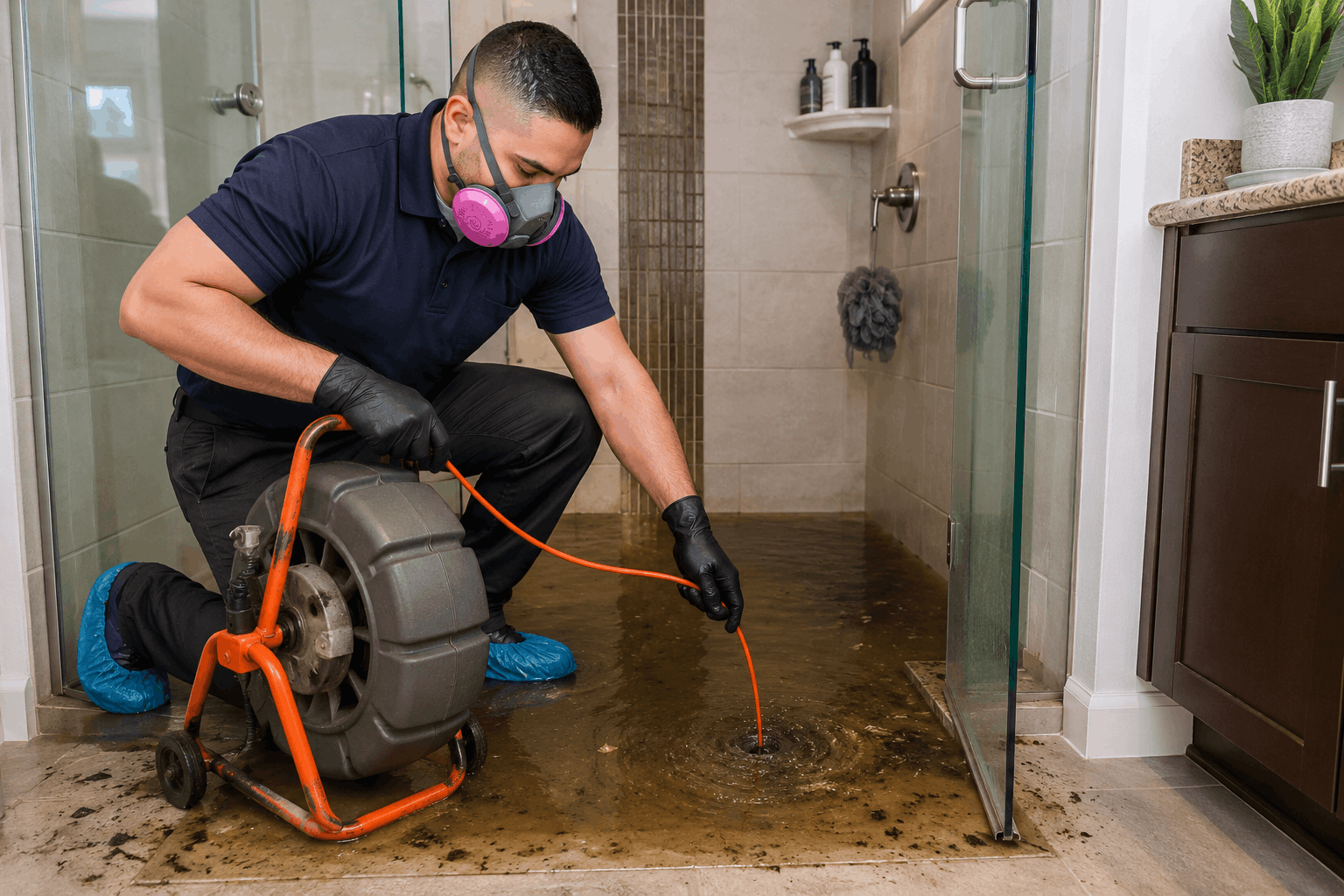Plumber using drain snake machine to clear sewage backup in Las Vegas shower