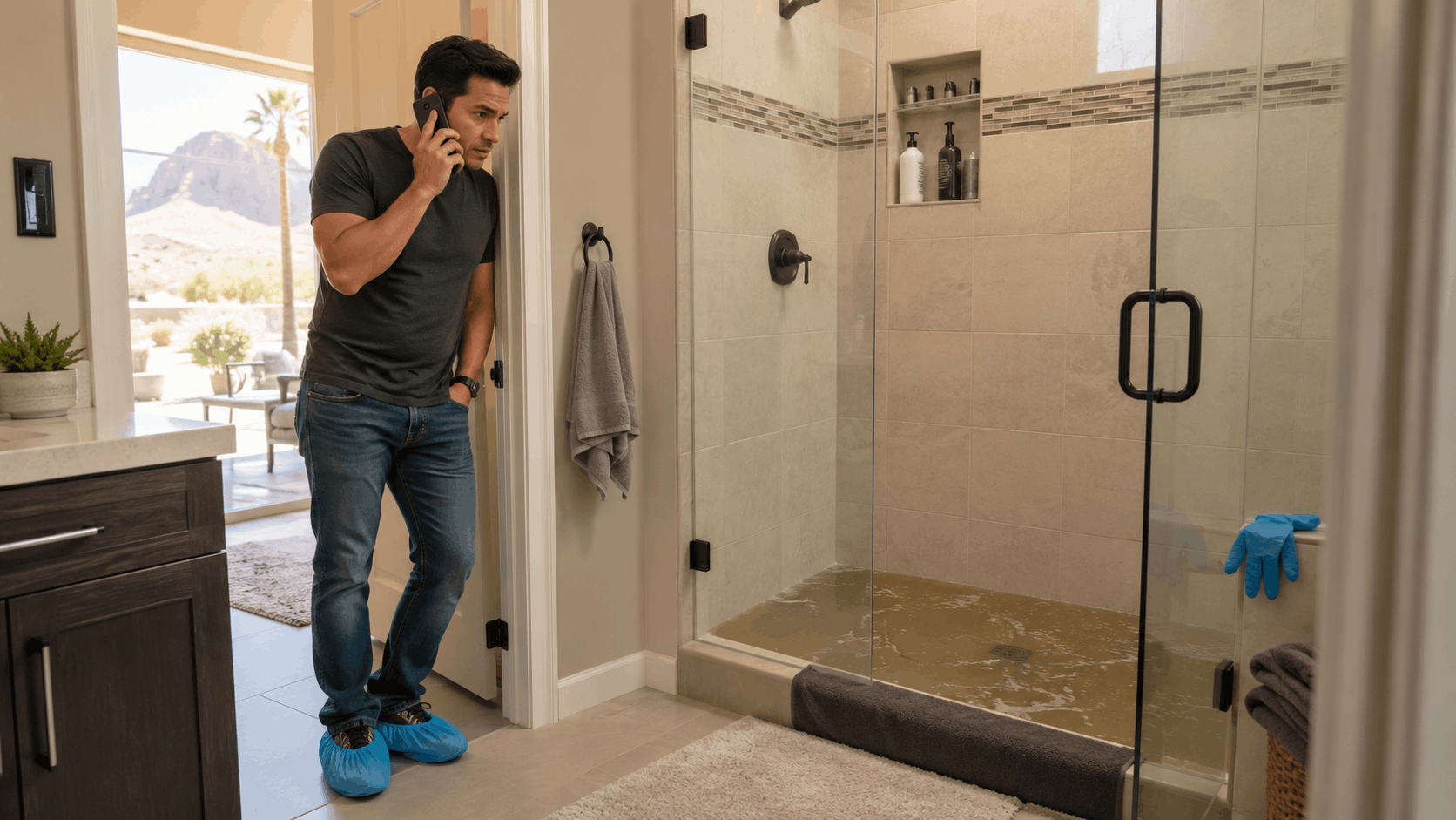 Plumber inspecting sewage backup in shower calling for help in Las Vegas home