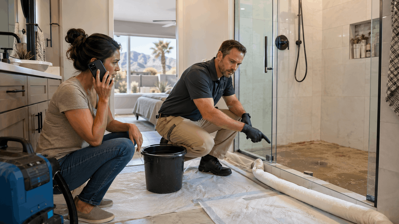 Las Vegas plumber inspecting water damaged shower while homeowner calls for help