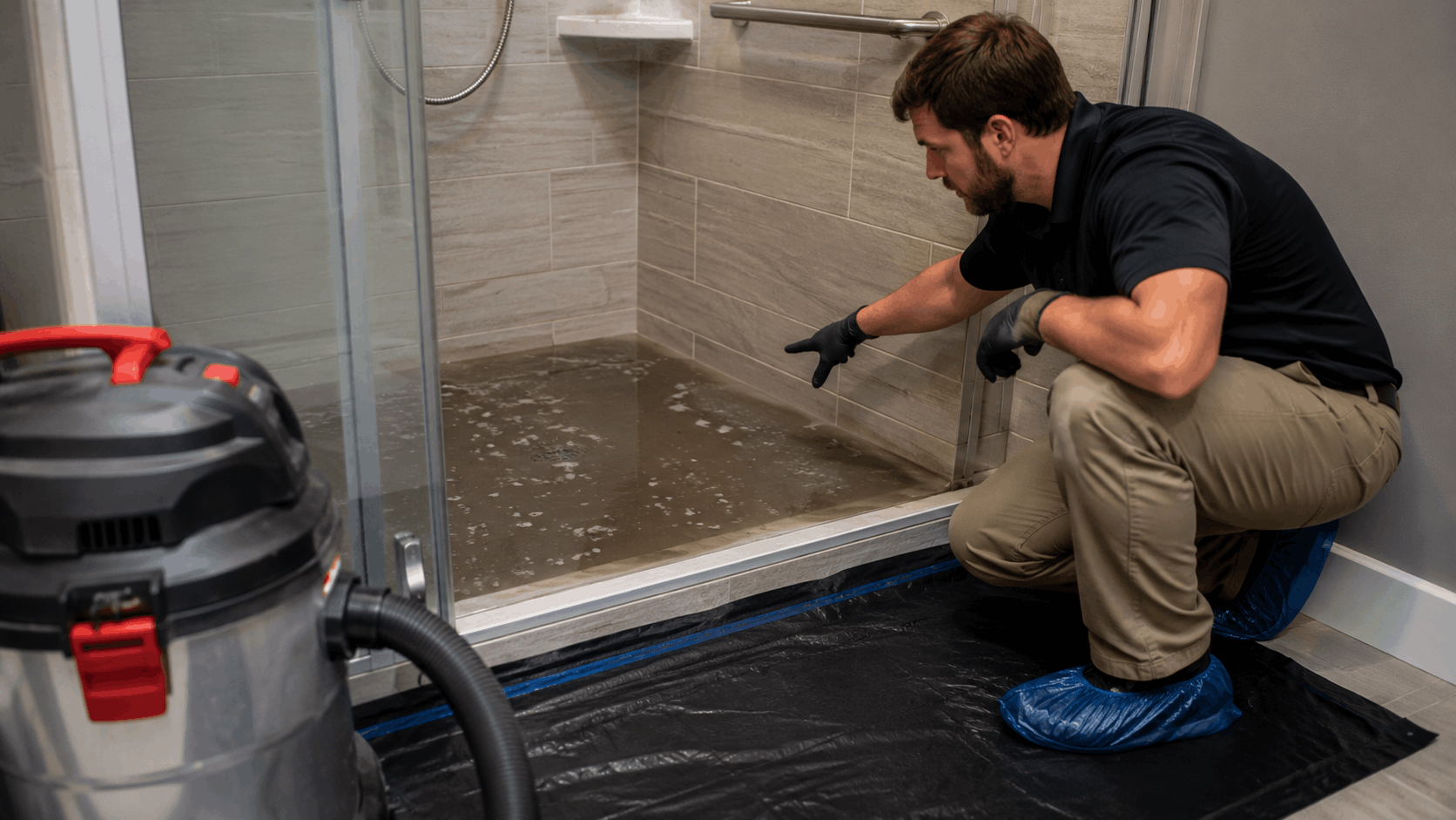Plumber inspecting sewage backup flooding shower drain in Las Vegas bathroom