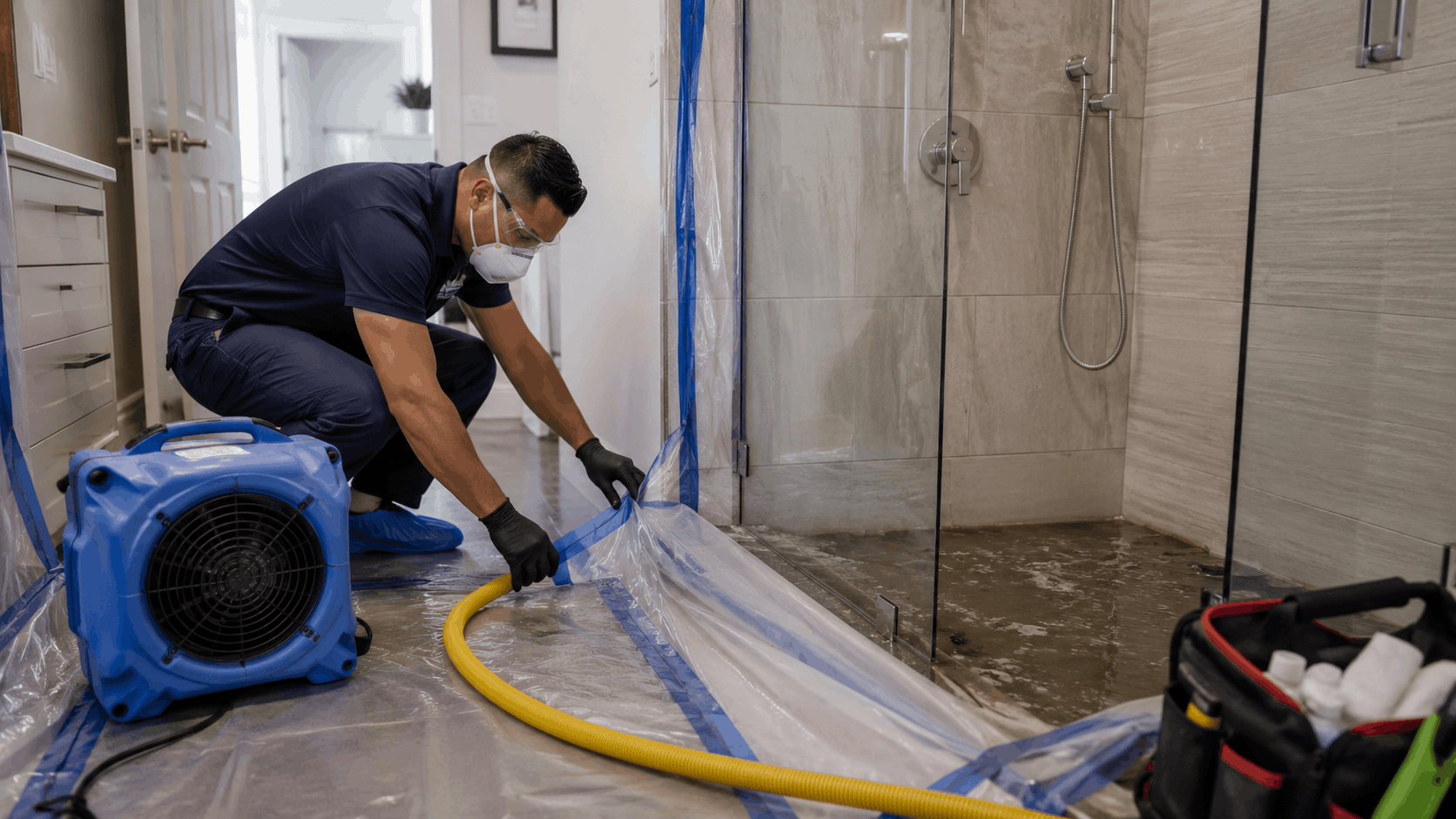Las Vegas plumber performing water damage restoration in modern bathroom with drying equipment