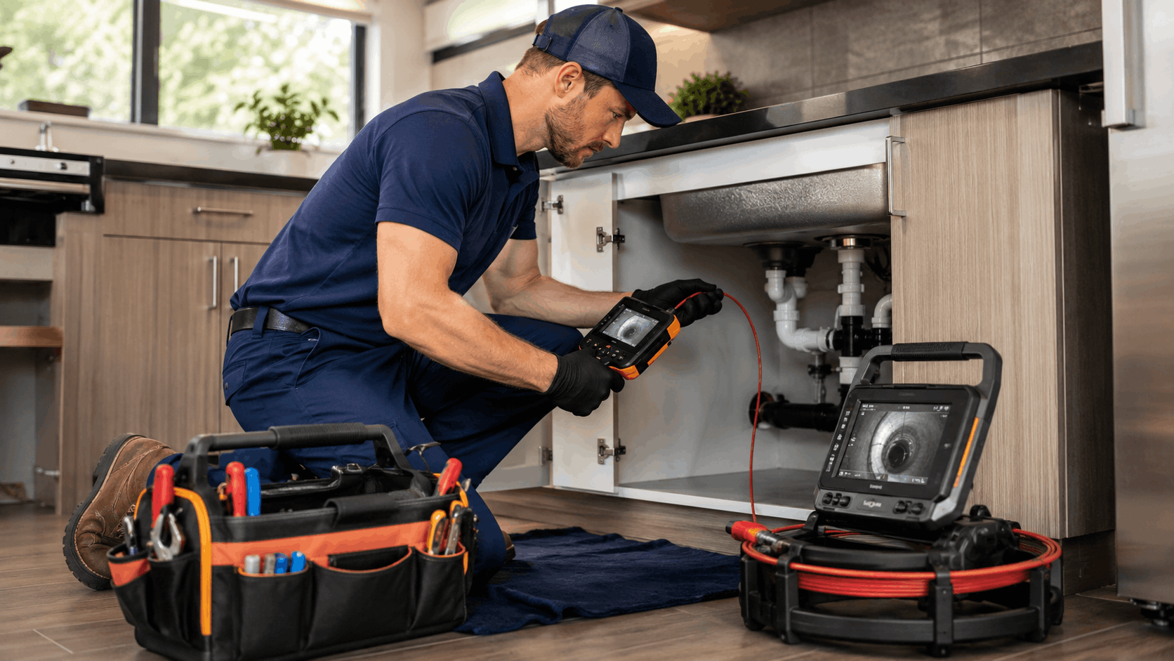 Plumber using drain camera inspection tool under kitchen sink in Las Vegas home