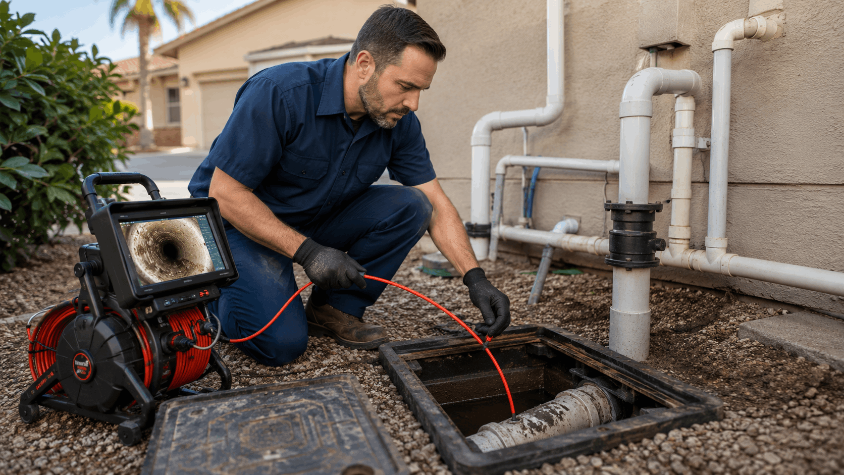 Plumber inserting sewer camera cable into Las Vegas home cleanout access point