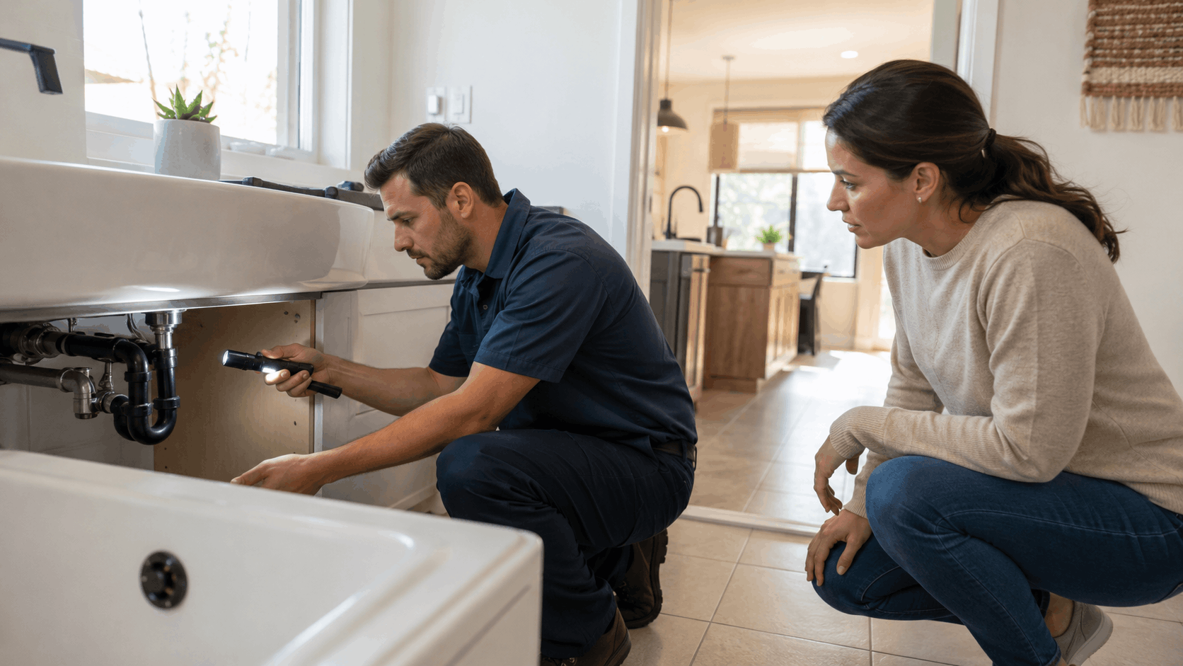 Plumber inspecting under bathroom sink pipes with flashlight alongside homeowner