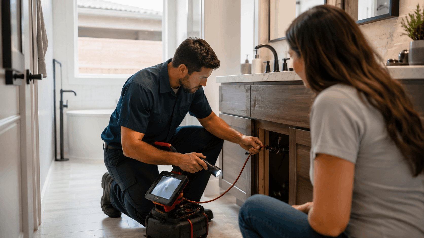Plumber using drain camera inspection tool under bathroom sink with homeowner watching
