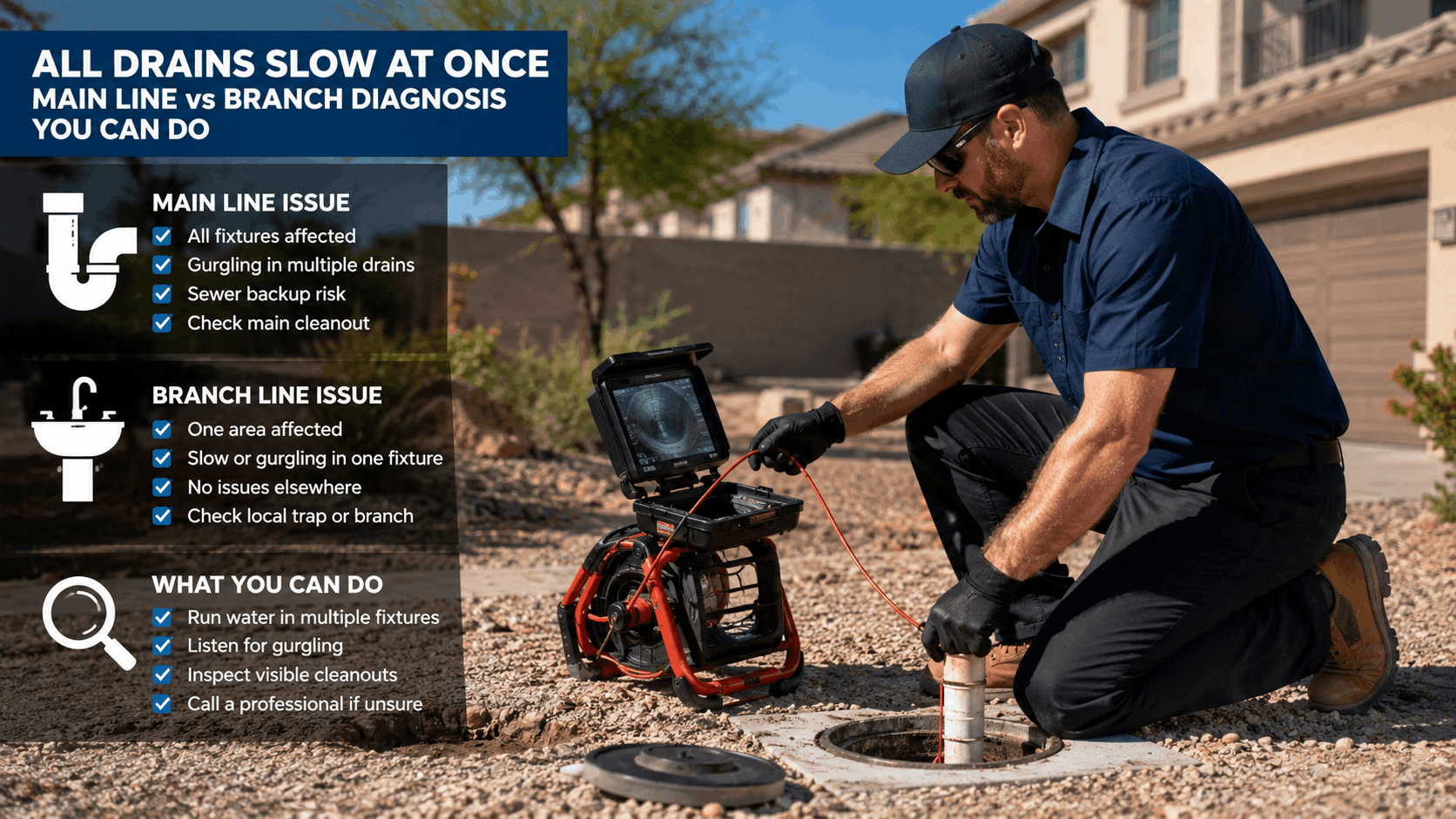 Plumber using sewer camera inspection tool to diagnose slow drains at Las Vegas home