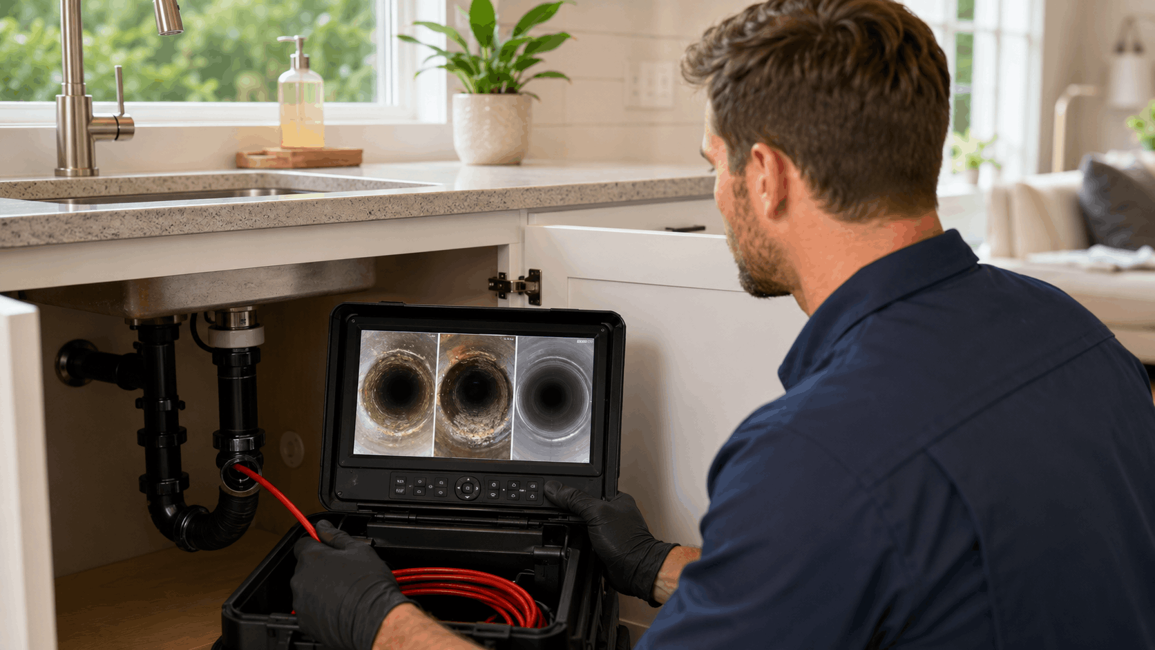 Plumber using drain camera inspection monitor to view clogged pipe buildup