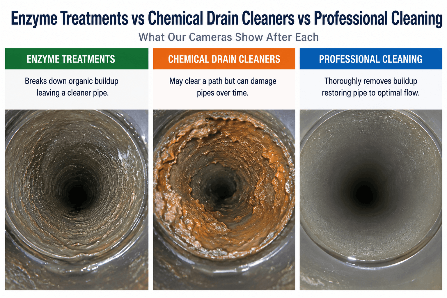 Camera comparison of enzyme treatments, chemical drain cleaners, and professional pipe cleaning results