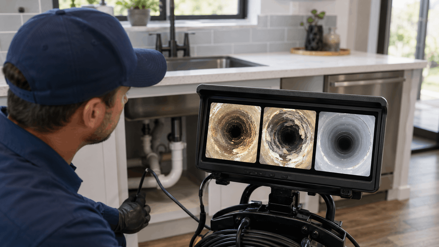Plumber using sewer camera inspection equipment showing dirty and clean pipe views