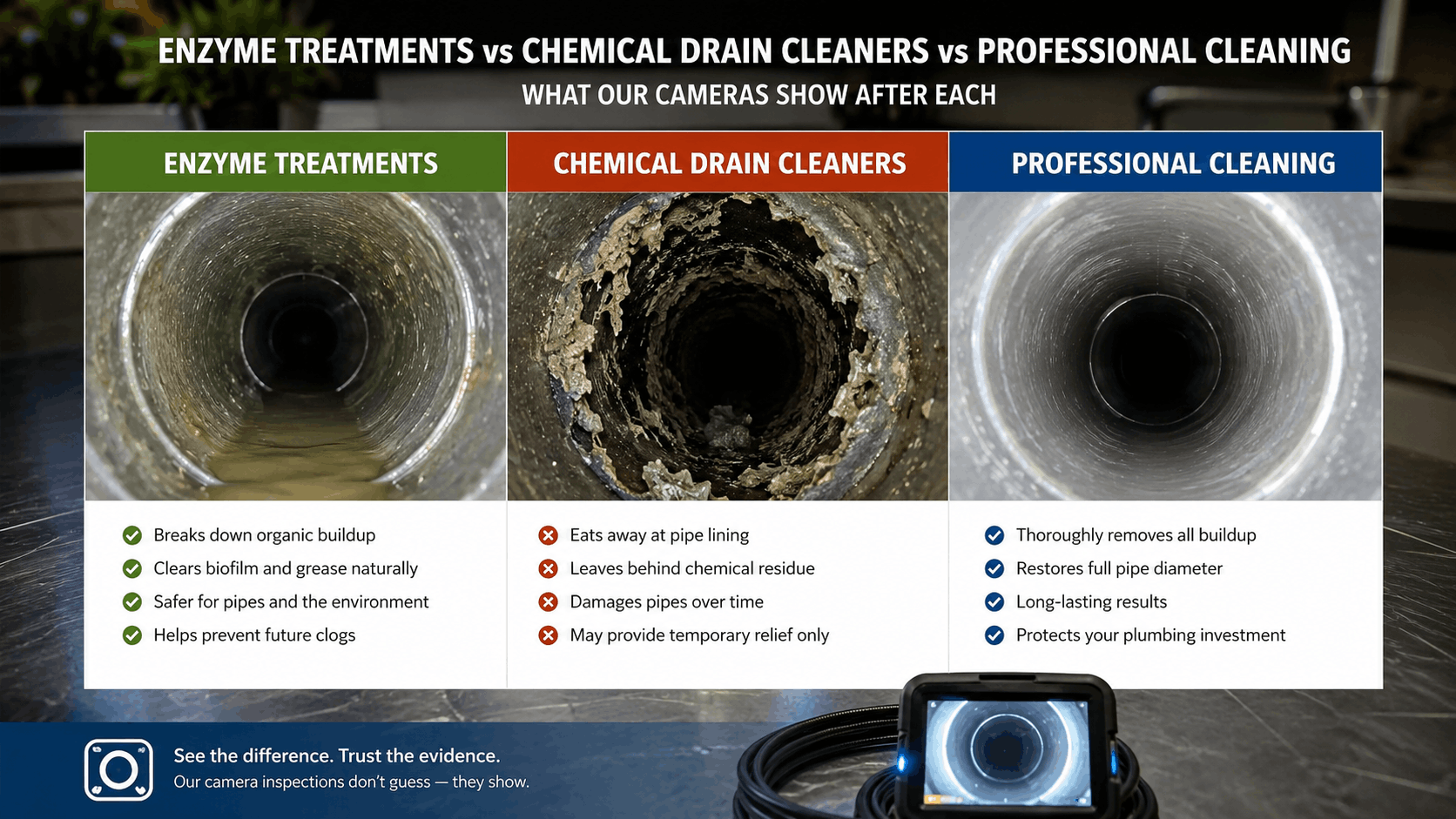 Comparison chart of enzyme treatments vs chemical drain cleaners vs professional pipe cleaning Las Vegas plumbing