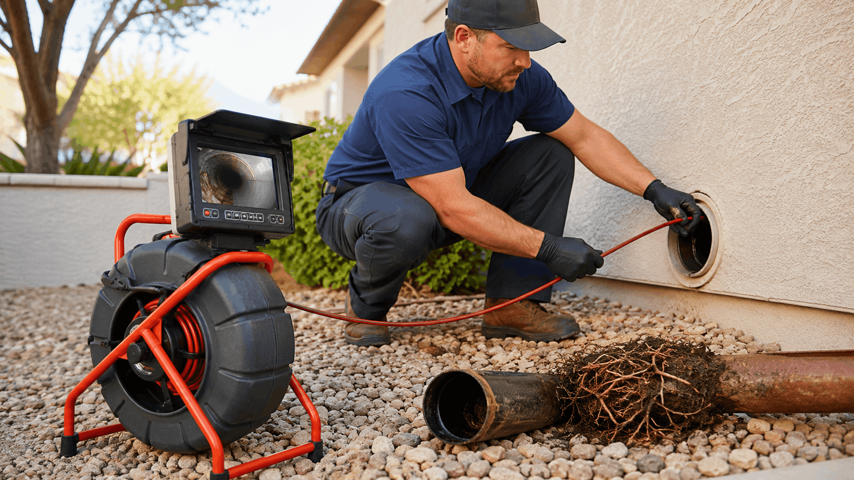 Plumber using sewer camera inspection tool to diagnose root-clogged drain pipe outside home