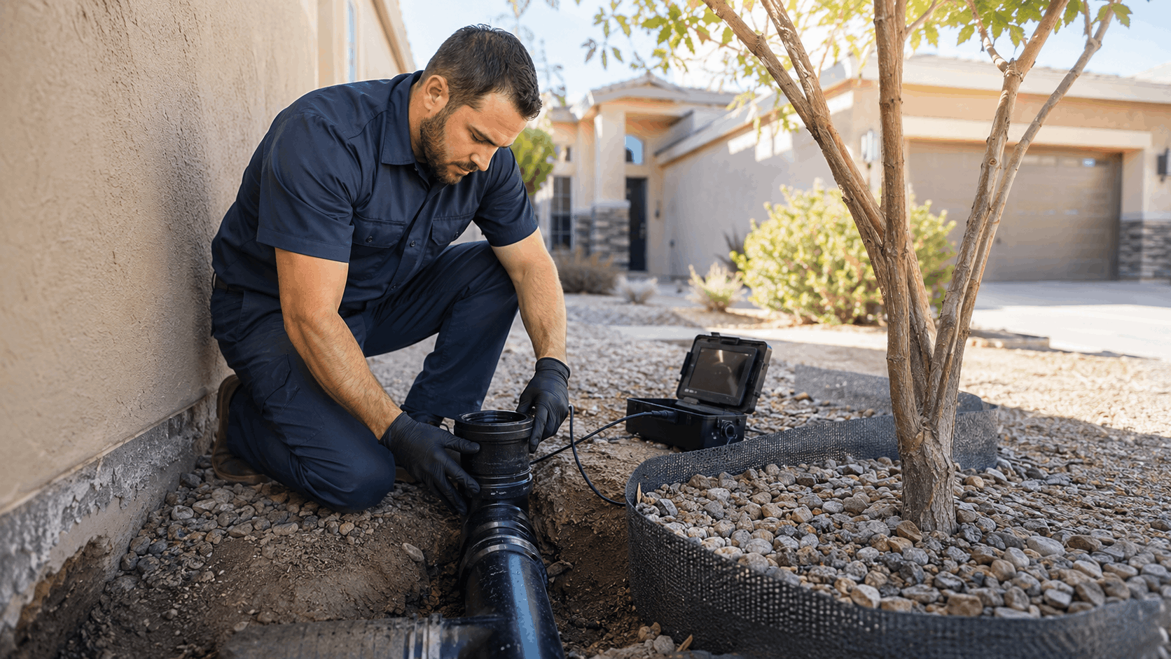 Plumber using sewer camera inspection equipment on exposed pipe near tree roots