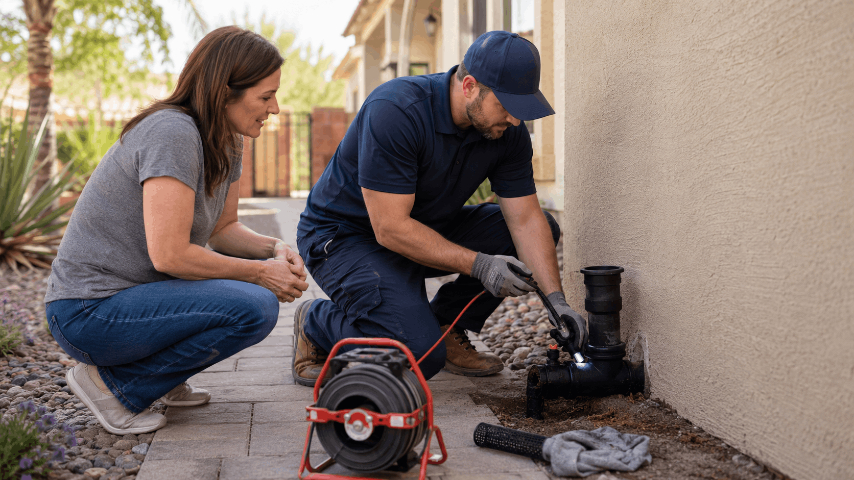 Plumber using drain camera inspection equipment on exterior pipe with homeowner watching