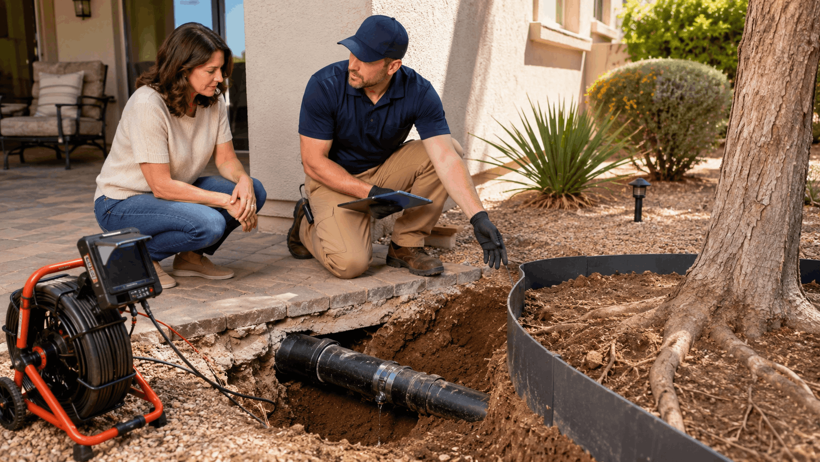 Plumber showing homeowner tree root damage to underground sewer pipe in Henderson