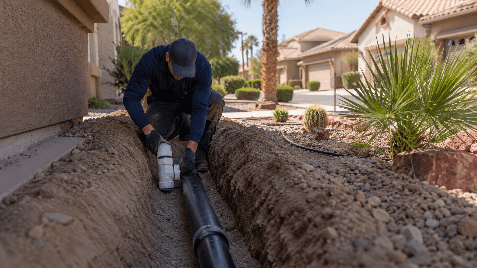 Plumber installing black drainage pipe in trench beside Las Vegas desert landscaped home