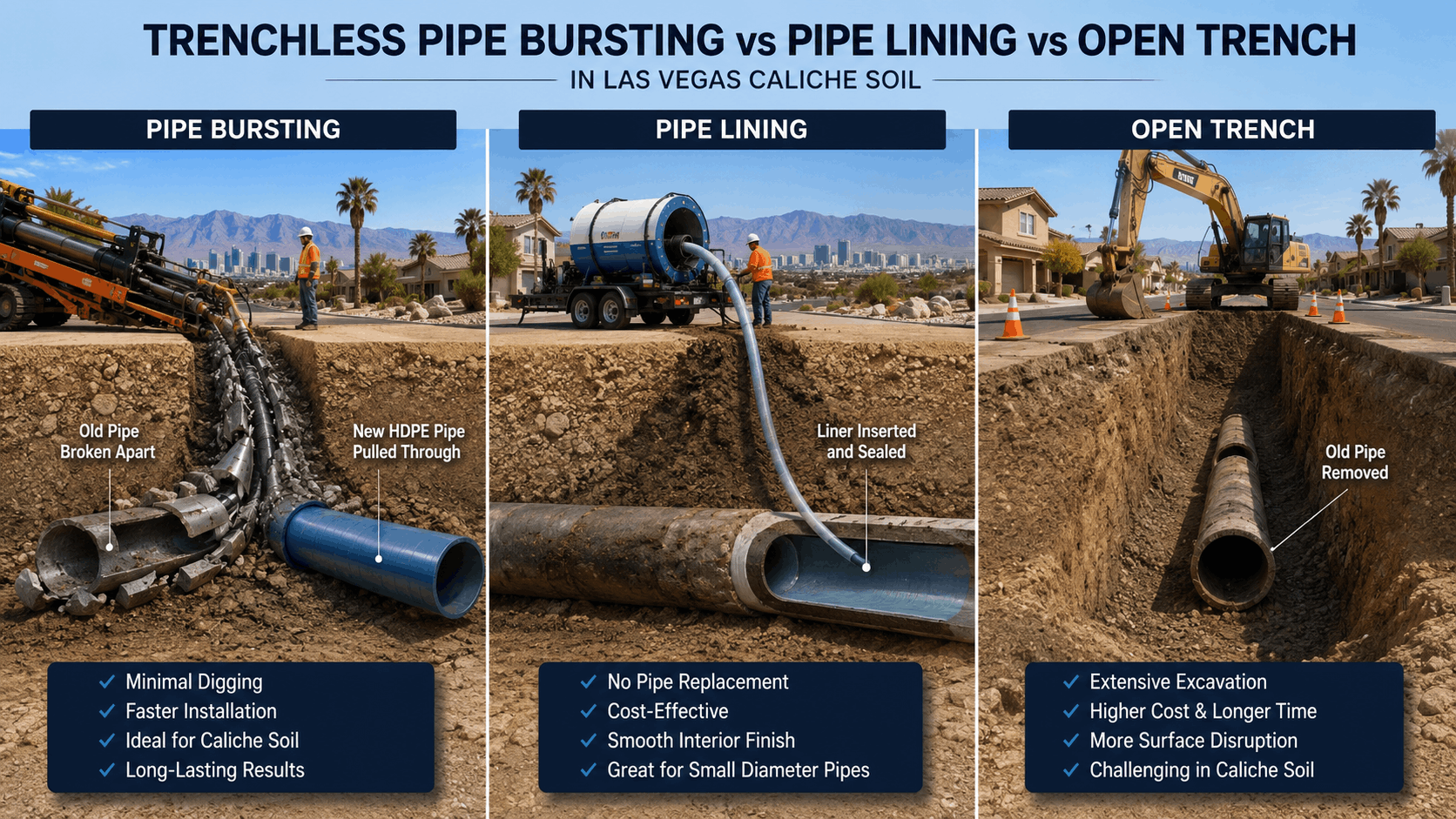 Trenchless pipe bursting vs pipe lining vs open trench methods in Las Vegas caliche soil