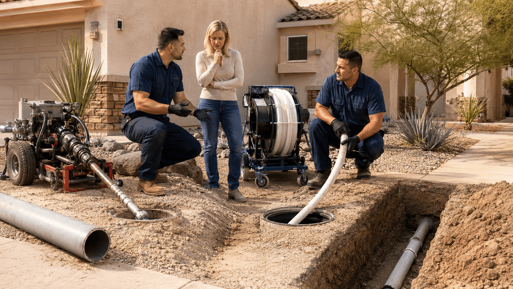 Two plumbers and homeowner discussing sewer pipe repair options at Las Vegas excavation site