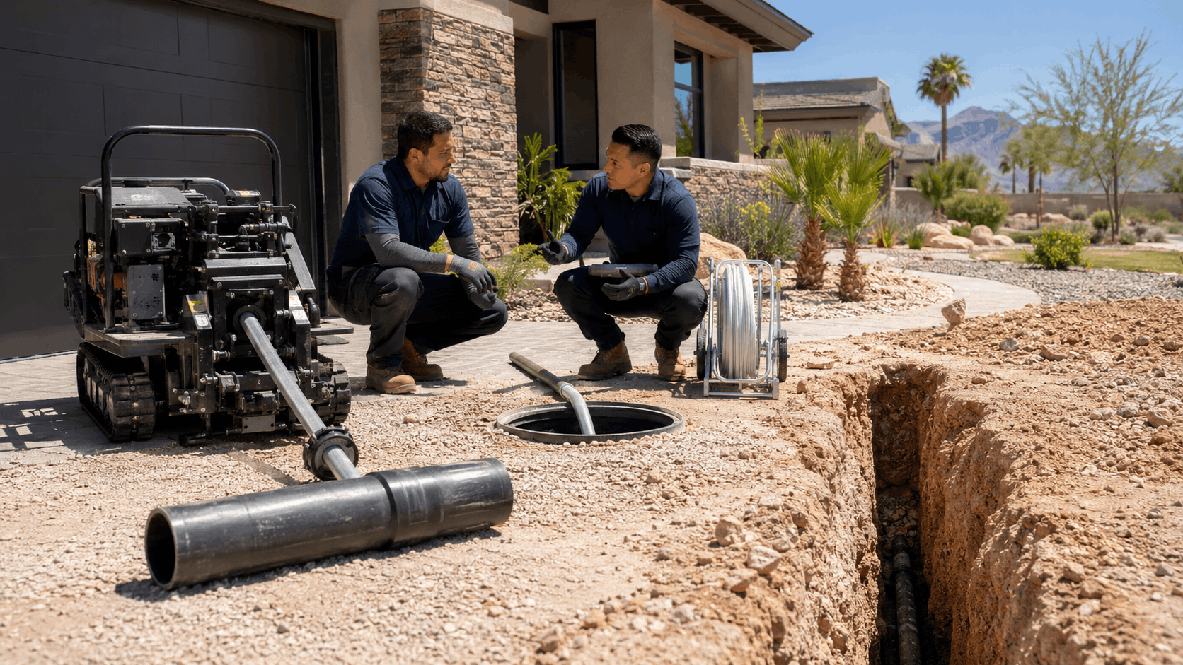 Two plumbers inspecting sewer manhole with pipe bursting equipment at Las Vegas home