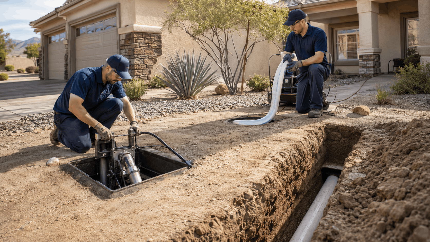 Two plumbers performing sewer line repair and pipe relining at Las Vegas residential property