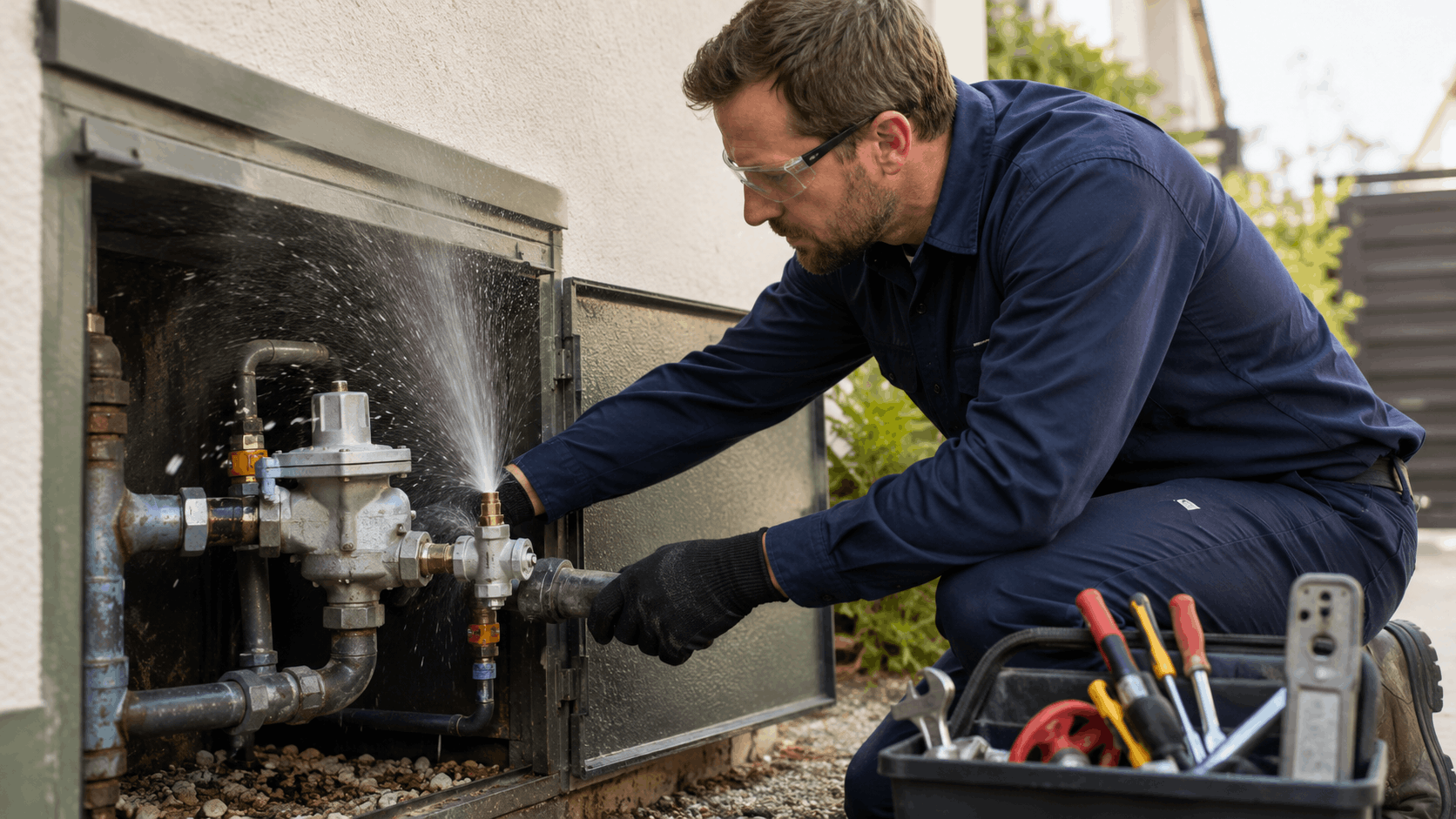 Plumber repairing high-pressure water regulator blowout on outdoor pipe system Las Vegas