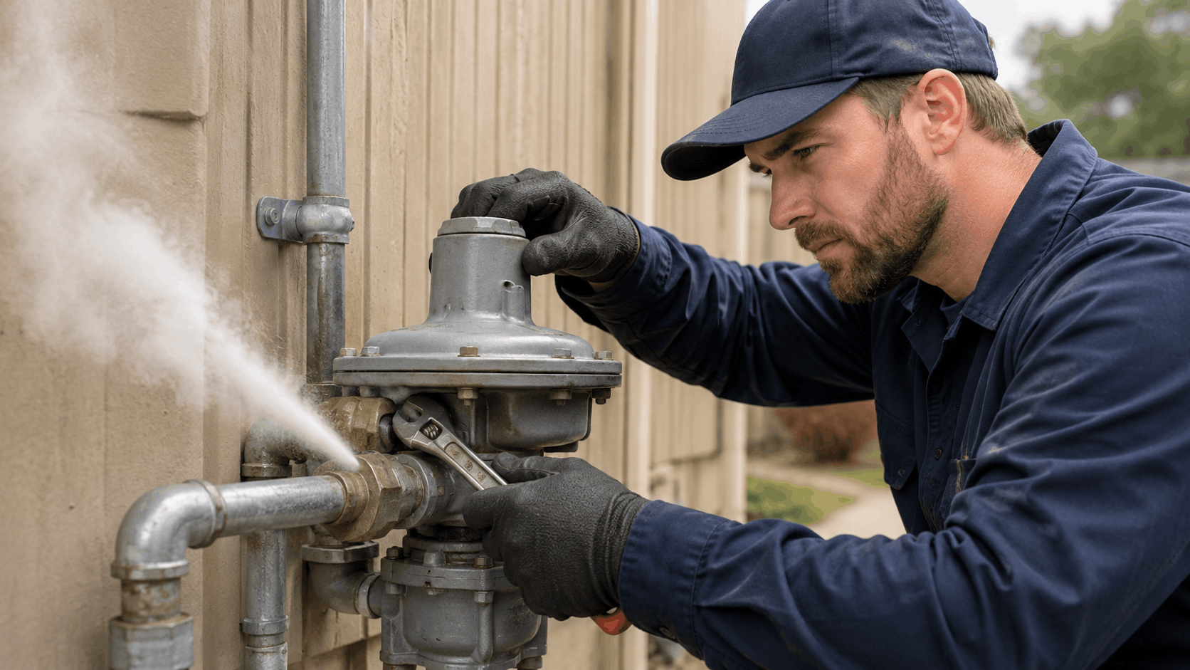 Technician in navy uniform repairing leaking gas regulator with wrench outdoors