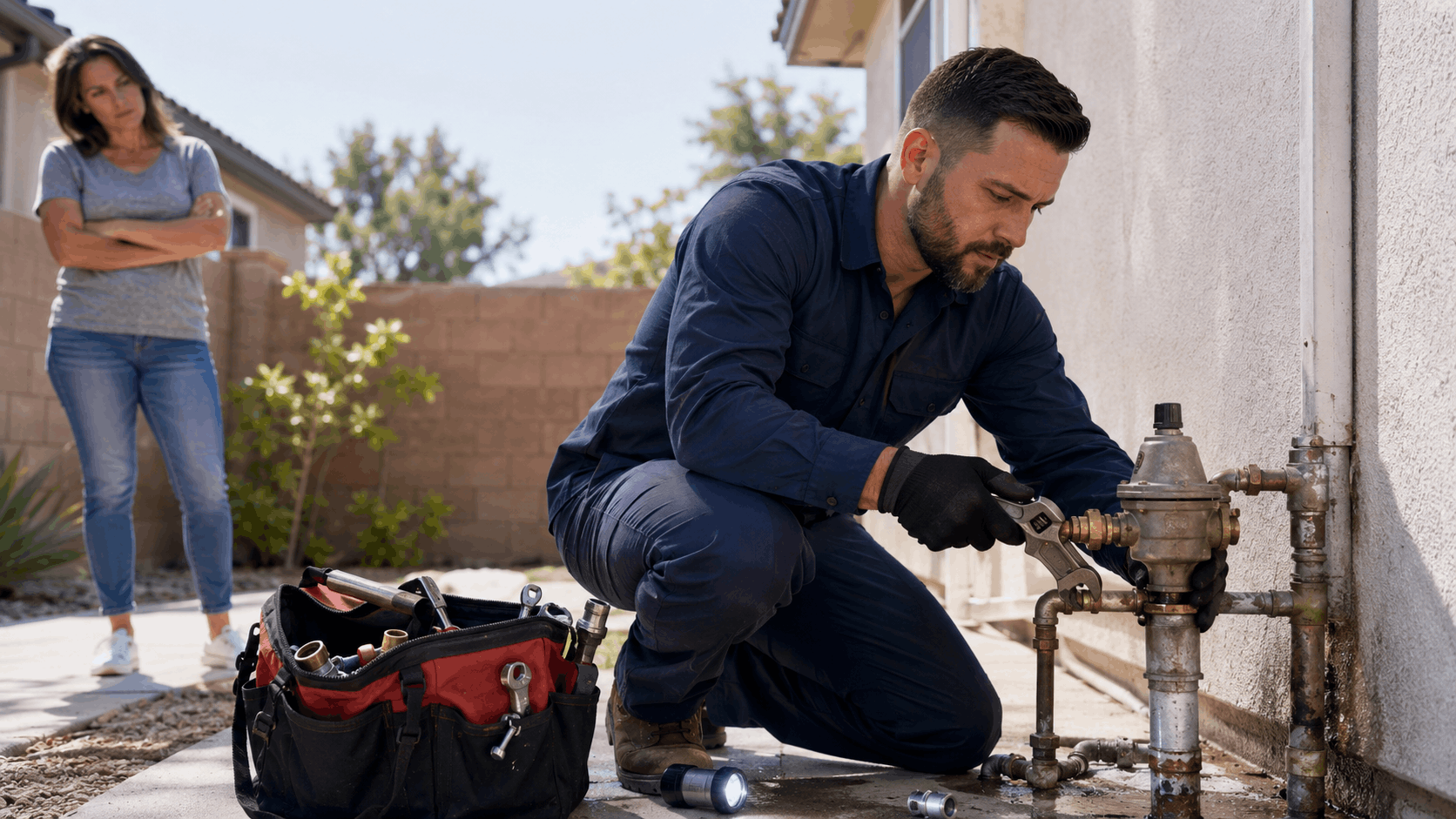Las Vegas plumber repairing outdoor water pressure regulator while homeowner watches