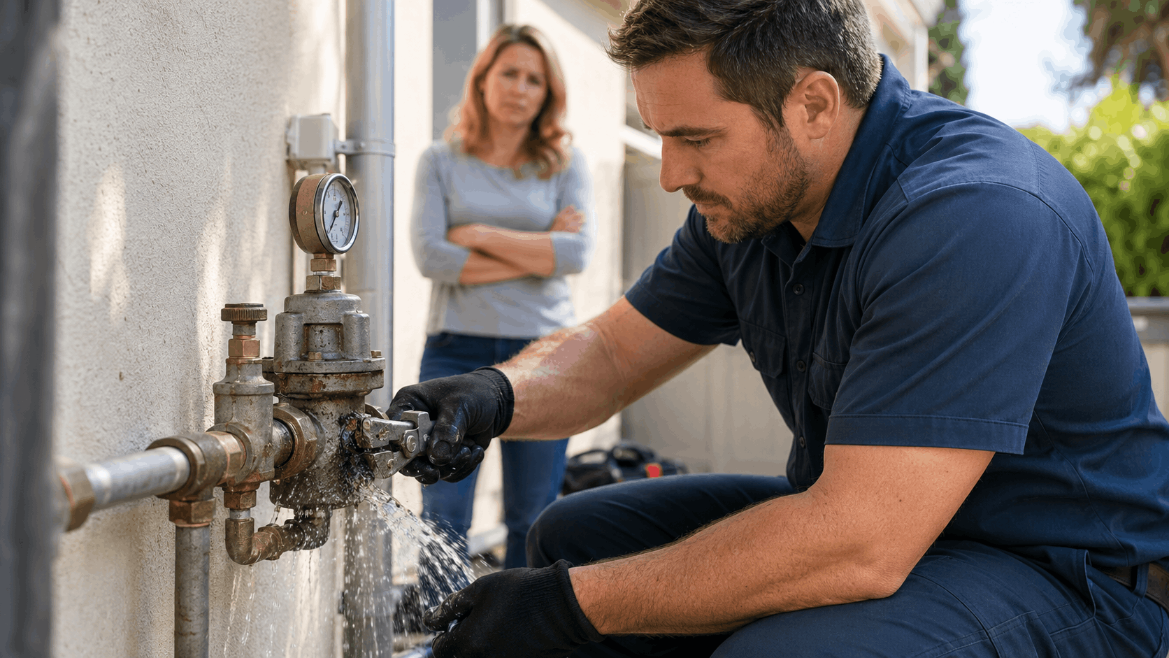 Plumber repairing leaking outdoor water pressure valve while Las Vegas homeowner watches
