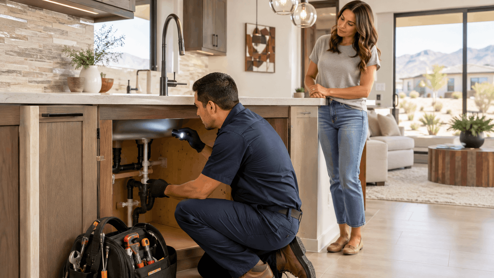 Plumber inspecting under kitchen sink pipes in modern Skye Canyon Las Vegas home