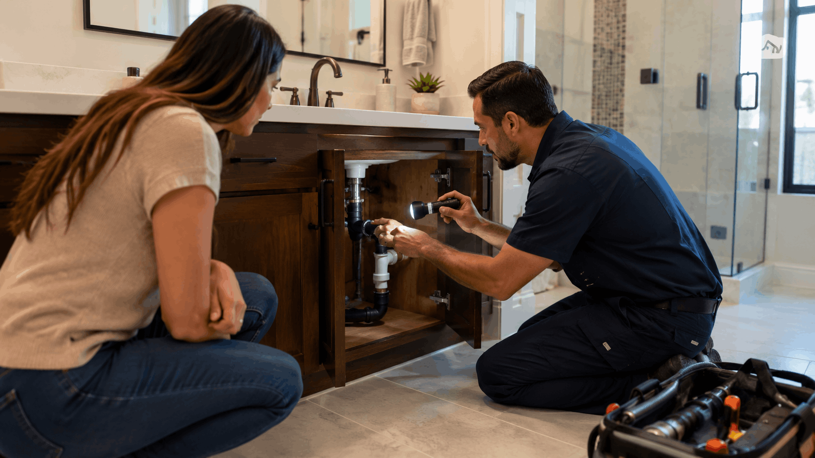 Plumber inspecting bathroom sink pipes with flashlight while homeowner watches nearby