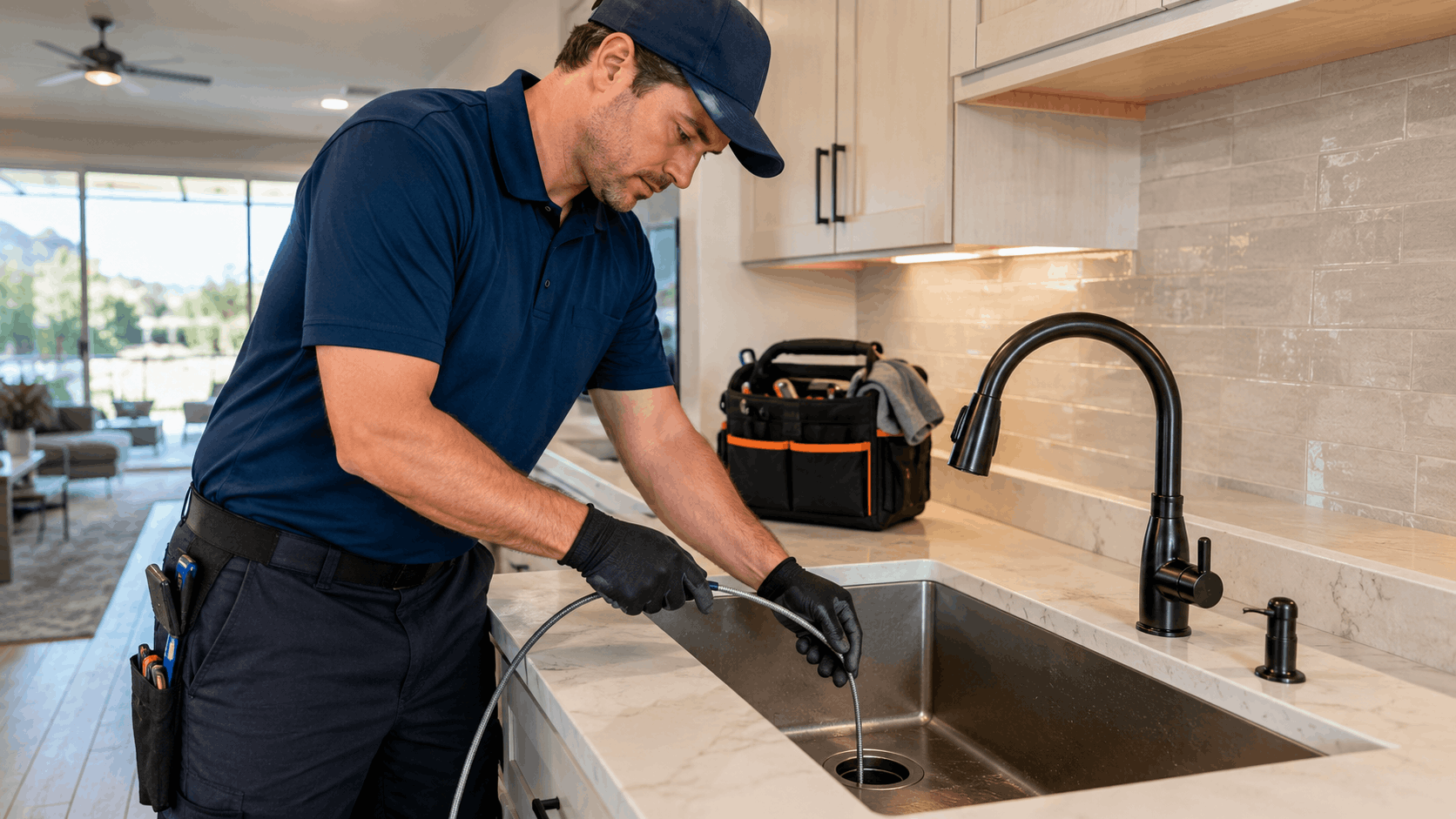 Plumber snaking a clogged kitchen sink drain in Las Vegas home