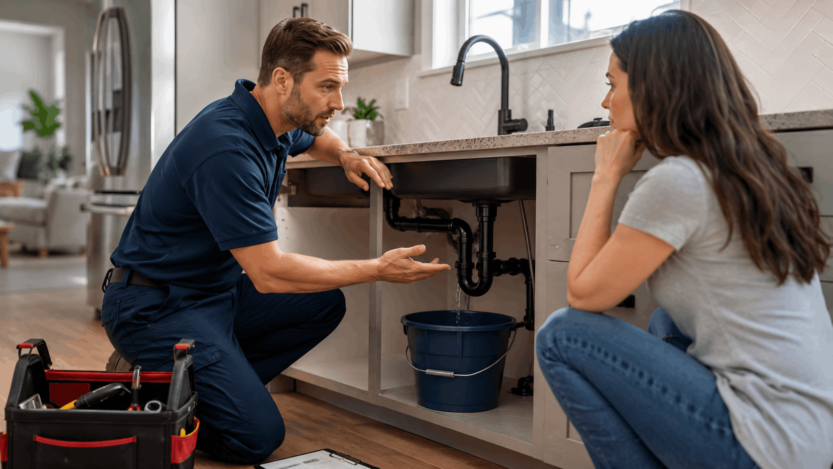 Plumber explaining leaking kitchen sink pipe repair to homeowner with bucket