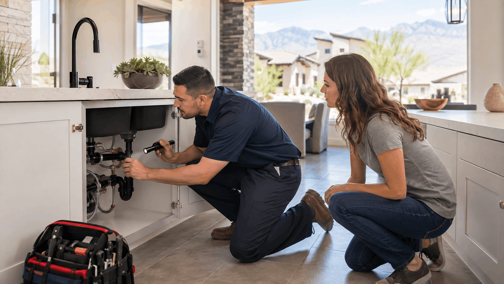 Licensed Las Vegas plumber inspecting under-sink pipes with flashlight beside homeowner