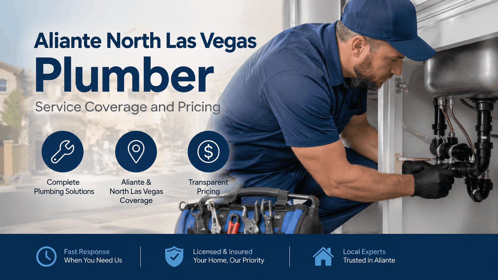 Licensed Aliante North Las Vegas plumber repairing under-sink pipes with professional tools