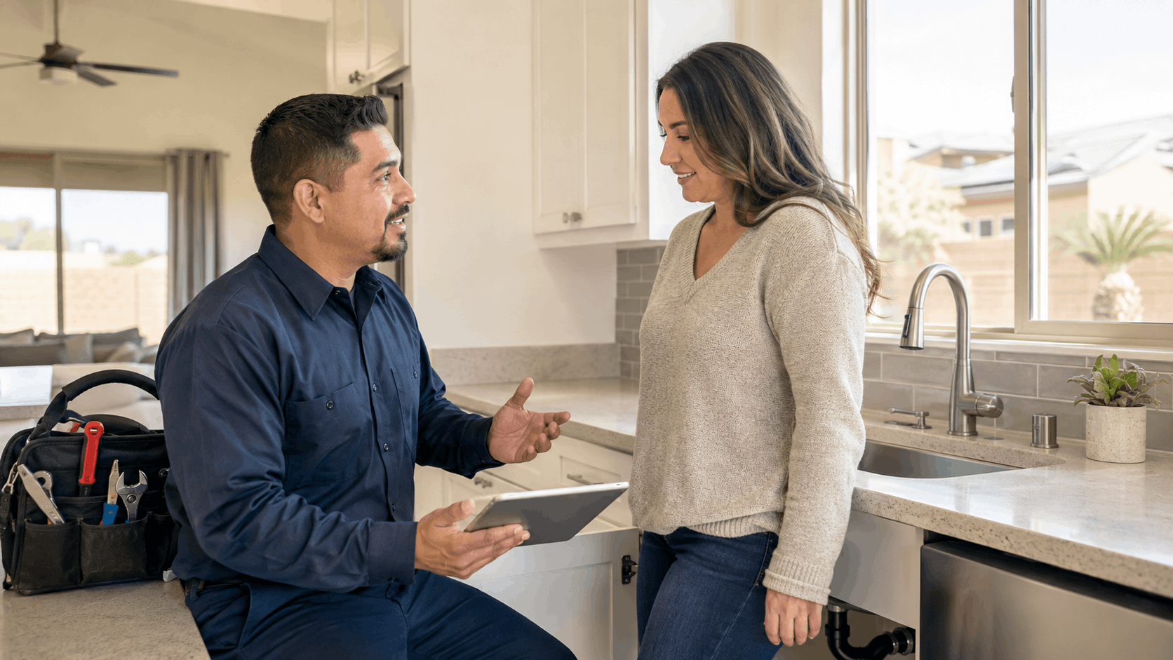Plumber showing tablet to homeowner during kitchen sink consultation in Las Vegas