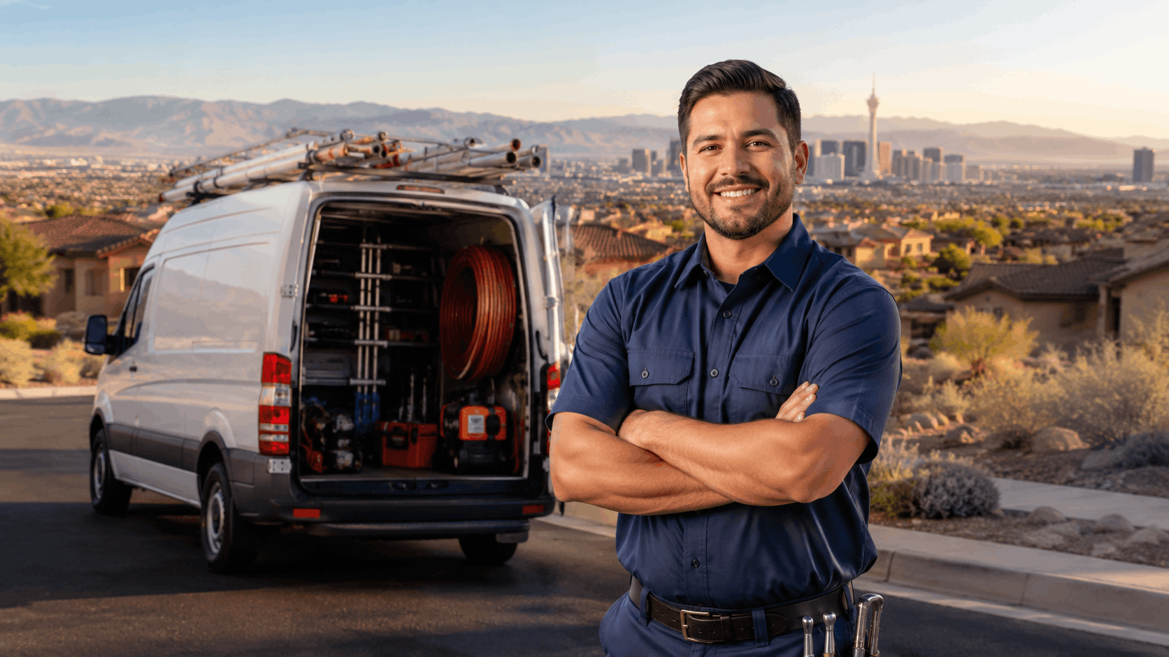 Smiling Aliante plumber standing confidently beside fully-equipped service van with Las Vegas skyline