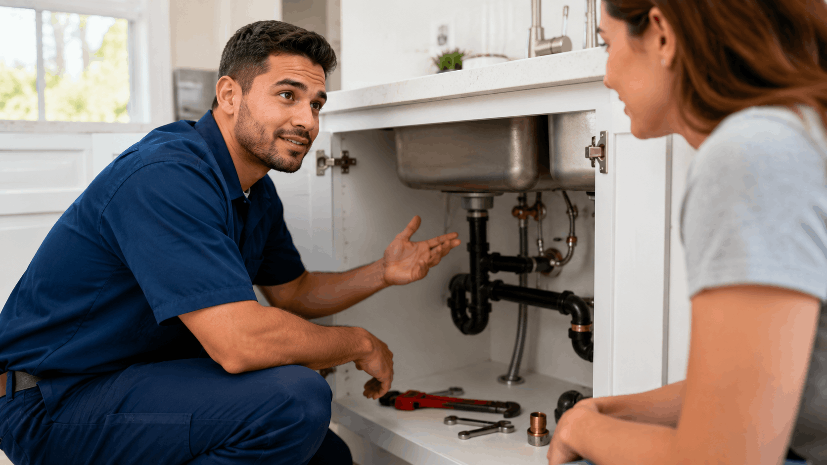 Aliante plumber in blue uniform explaining sink pipe repair to homeowner