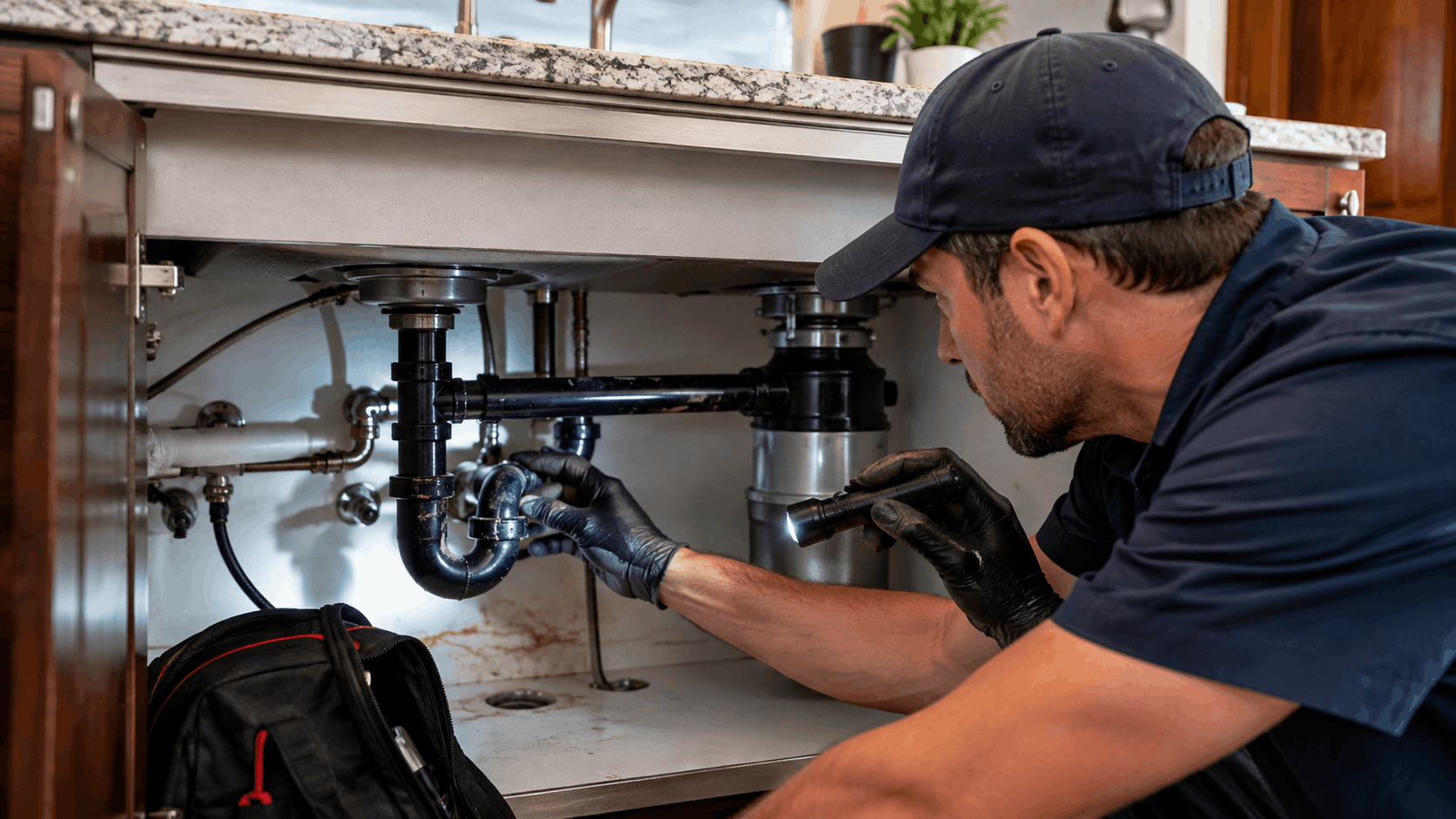 Plumber inspecting under-sink pipes and garbage disposal with flashlight in Las Vegas home