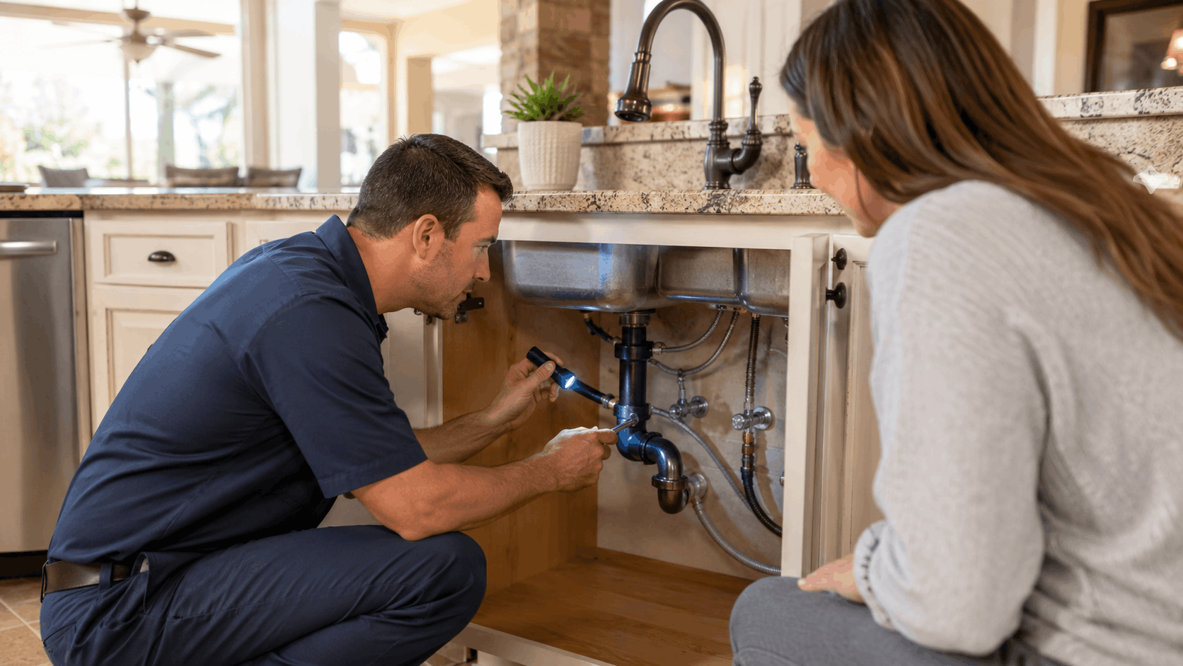 Plumber inspecting under-sink pipes with flashlight while homeowner watches nearby