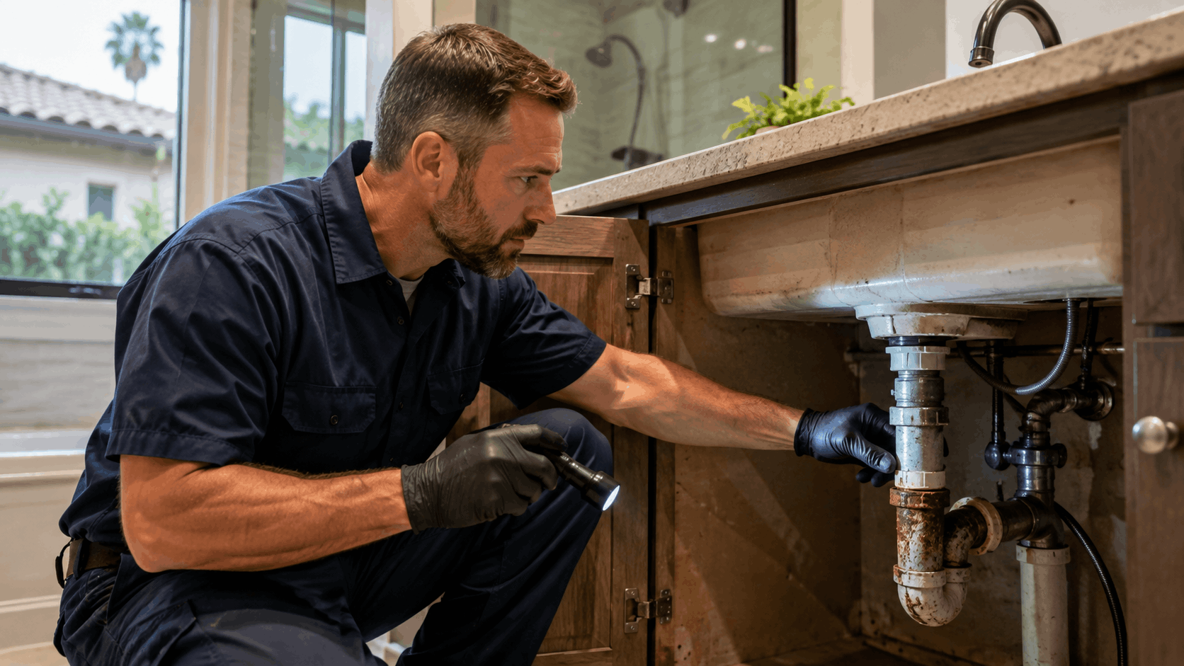 Plumber inspecting corroded pipes under bathroom sink cabinet with flashlight