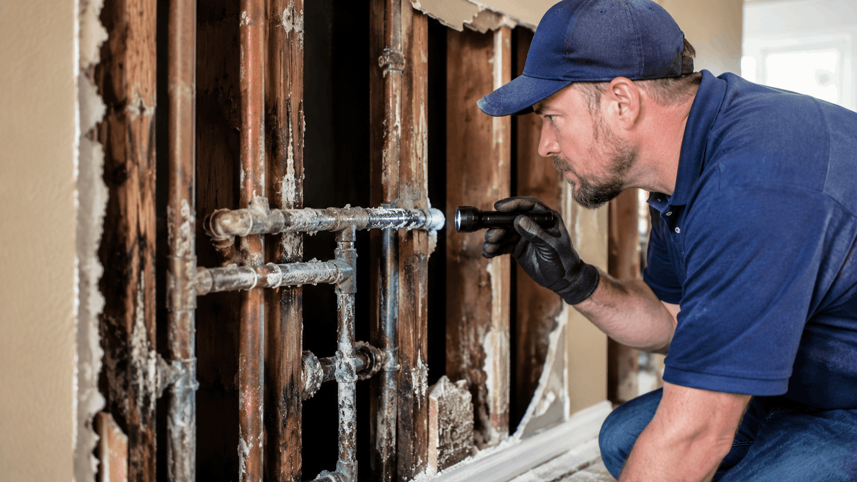 Plumber inspecting water-damaged wall pipes with flashlight in Las Vegas home