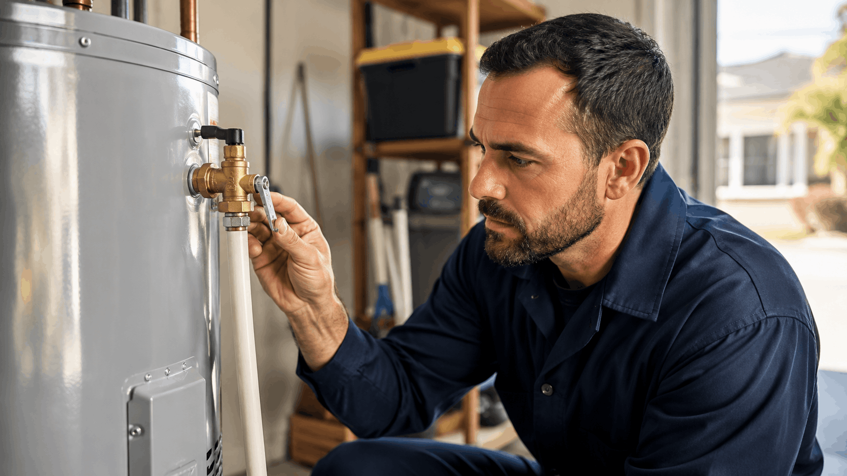 Plumber inspecting brass T&P valve on water heater with small wrench