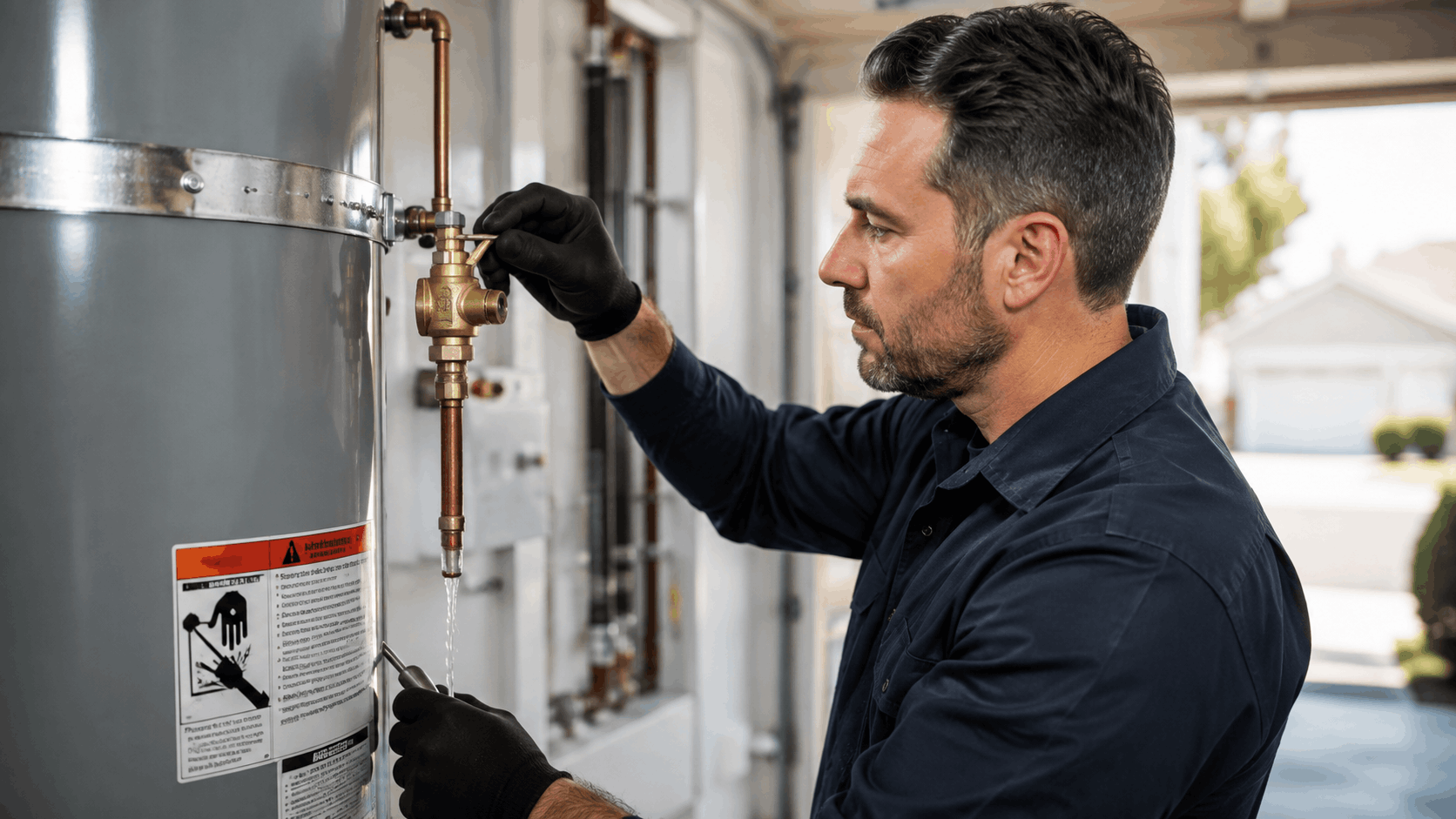 Plumber in black gloves testing water heater T&P relief valve in garage