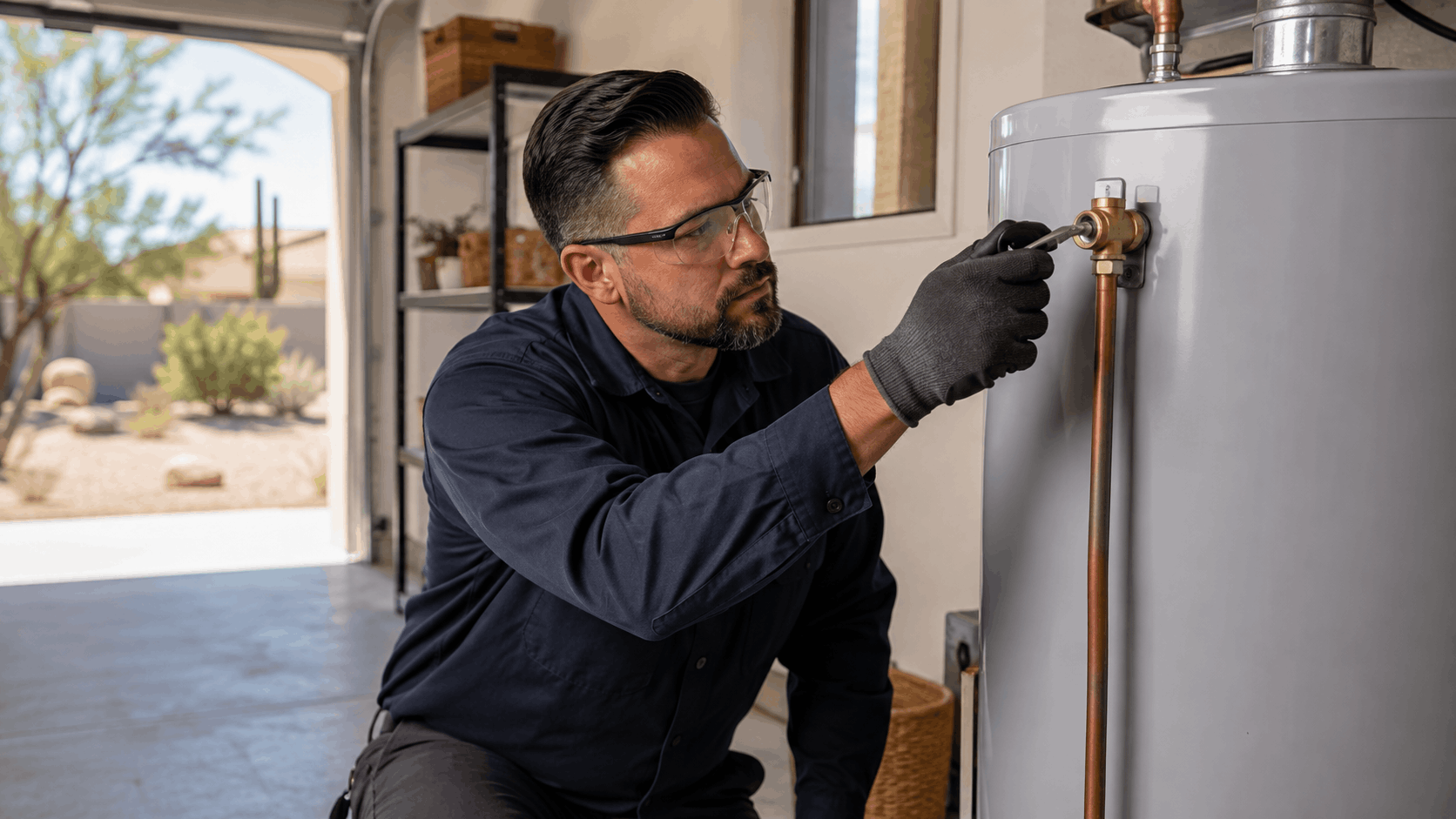 Plumber inspecting water heater valve with screwdriver in Las Vegas garage