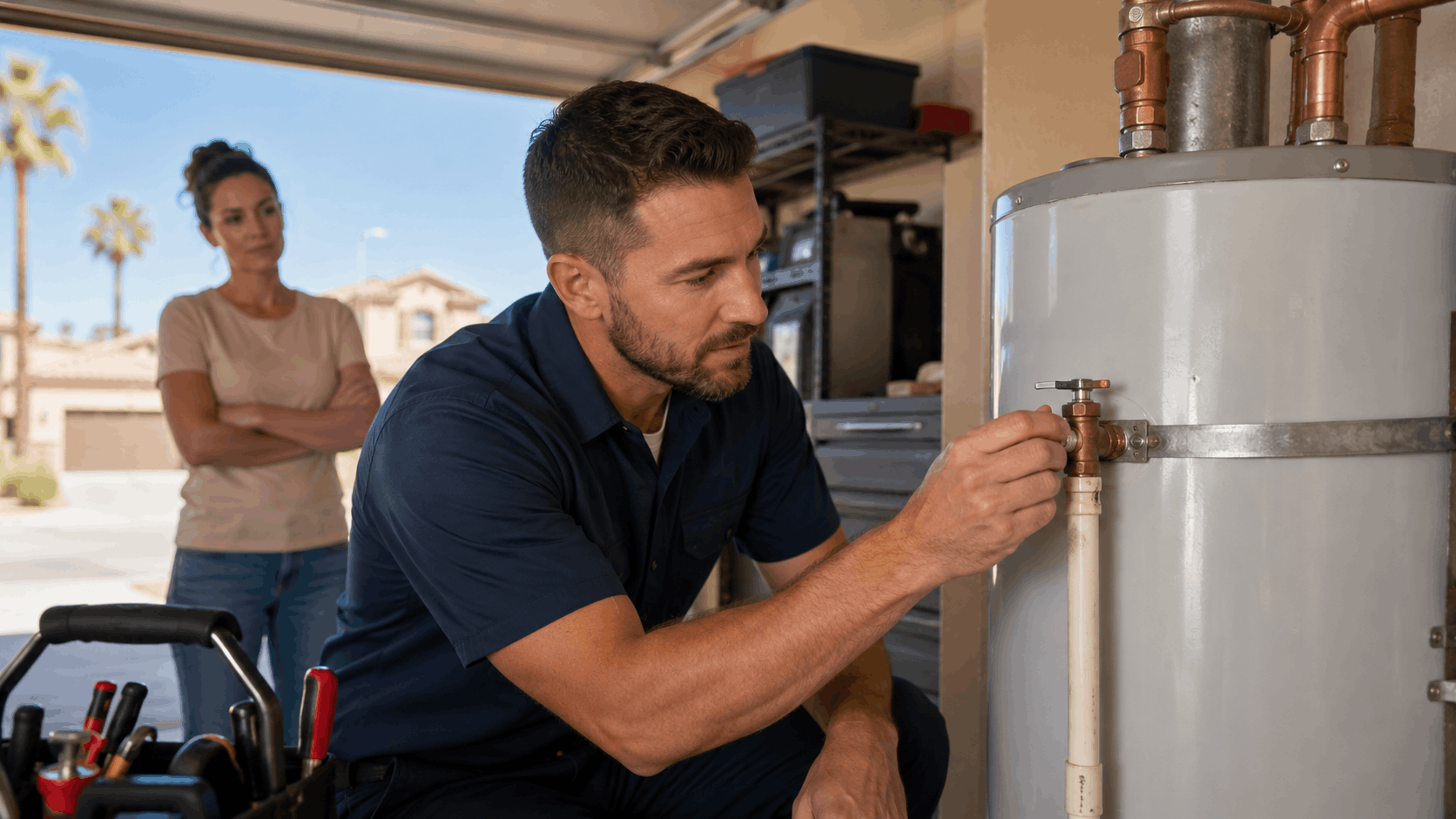Las Vegas plumber inspecting water heater valve while homeowner watches in garage